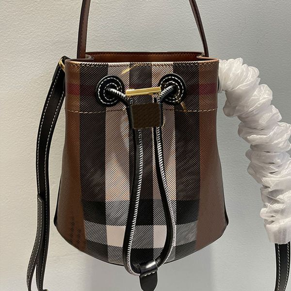 

check grain leather drawstring bag women designer handbag purse adjustable shoulder strap cross body bags drawstring closure canvas lining b