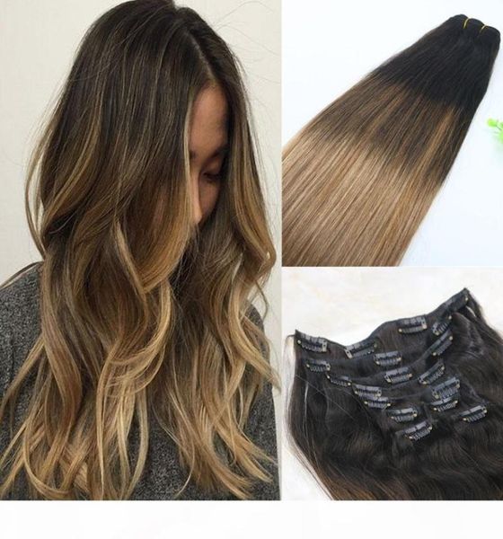 

2 6 18 clip in human hair extensions balayage ombre medium brown with ash blonde balayage highlights 120gram 7pieces3746874, Black