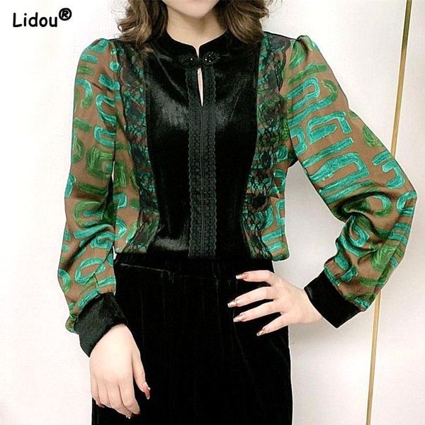 

shirts casual shirts solid office lady single button patchwork half high collar women's clothing autumn winter thin vintage printing, White