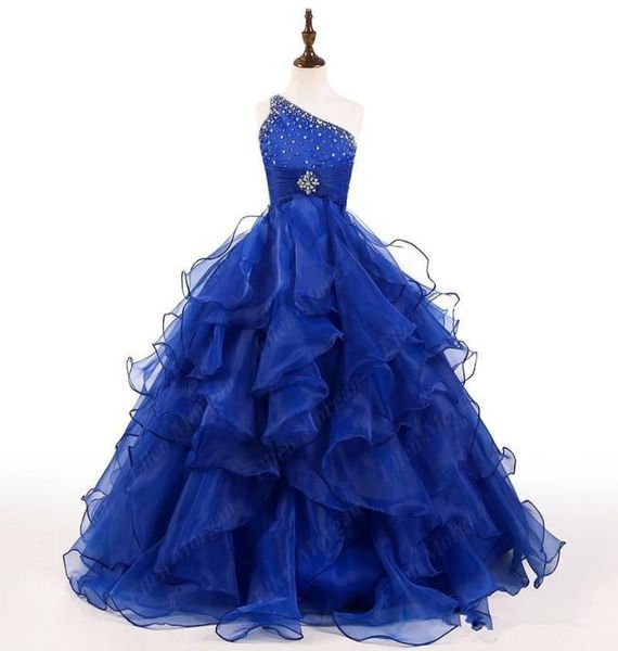 

royal blue girls pageant dress one shoulder crystals beads ruffles organza ball gown birthday party gowns custom size rhinestone7836783, White;blue
