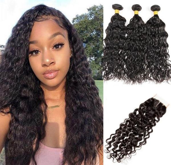 

peruvian unprocessed human hair 3 bundles with 4x4 lace closure middle three part water wave bundles with closure 1028inch v1690251, Black;brown