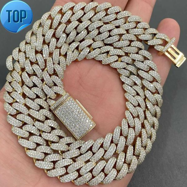

AAA GEMS 12MM Moissanite Cuban Link Chain 18K Gold Over Silver Iced Out Chain 3 Rows Men Hip Hop Cuban Link Necklace