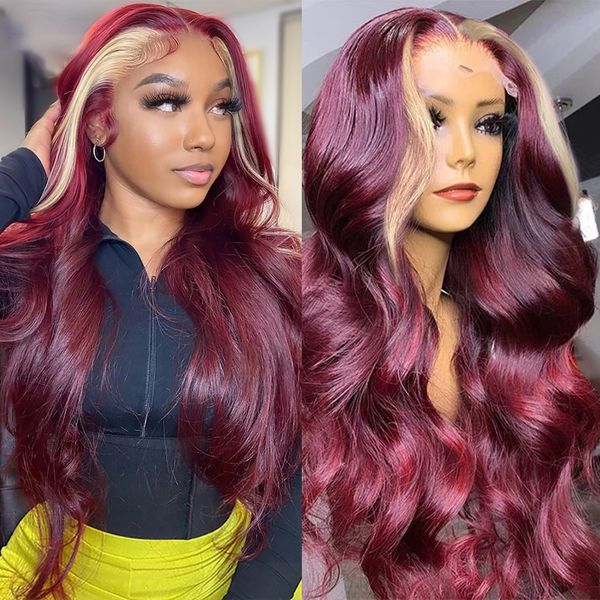 

Peruvian Hair Wine Red Blonde Highlight Colored Body Wave Front Wigs HD 13x4 Lace Frontal Wig PrePlucked Synthetic Closure Preplucked, Ombre color