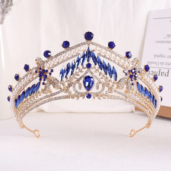 

10 colors crystal crown for women girls hair accessories elegant bridal pearl wedding tiaras diadem headbands, White;golden