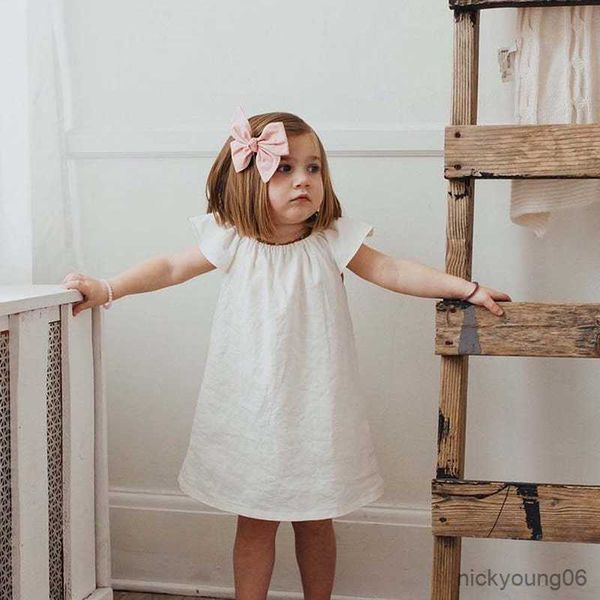 

girl's dresses girls cotton and linen short-sleeve dress summer new solid color brief casual princess wt017 r230607, Red;yellow