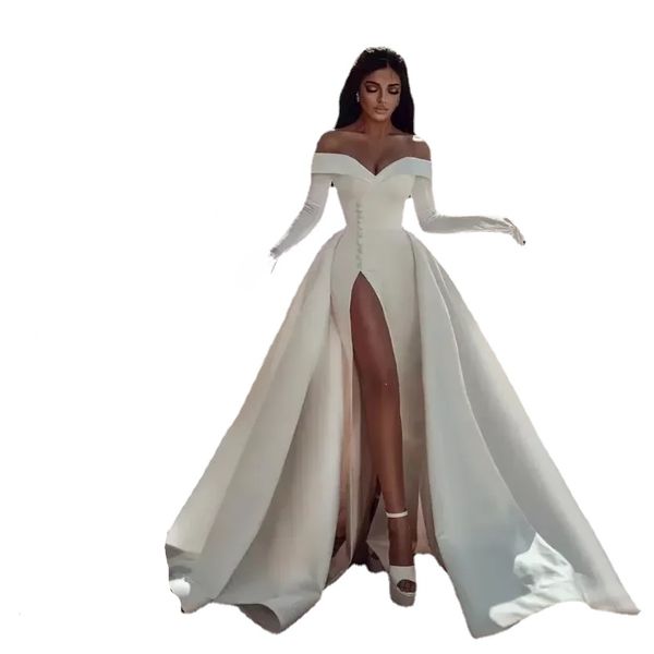 

a line wedding dresses graceful off the shoulder neck bridal gowns with detachable train side split satin vestido de novia, White