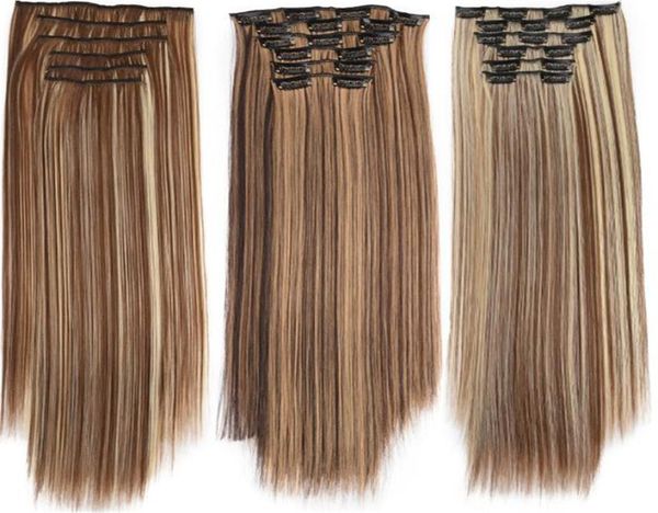 

6pcslot clip in staright hair weave blonde black color 8 6 4inch synthetic hair extensions3924308, Black;brown