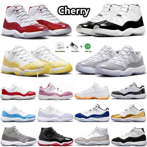 

jumpman 11 11s basketball shoes yellow snakeskin cement grey cherry dmp cool gamma blue cap and gown varsity red university sneakers for men, White;red