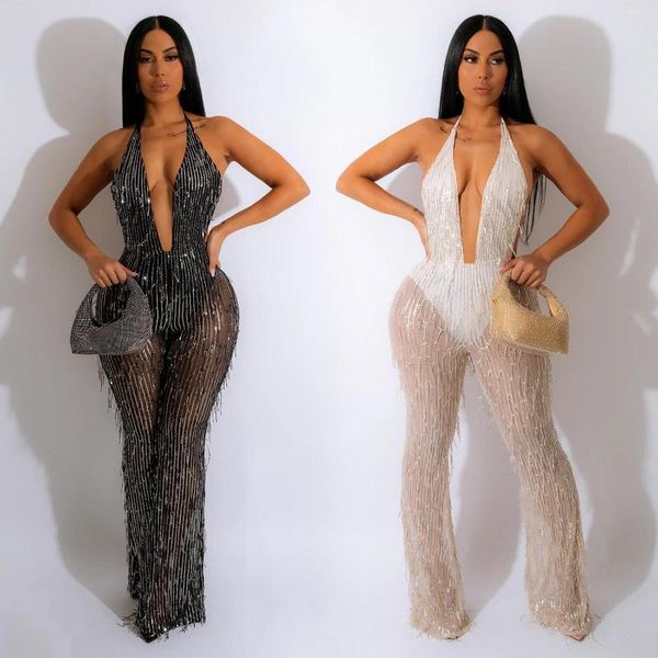 

women's fashion high solid straight jumpsuit partywear sleeveless tassel backless halter jumpsuit, White