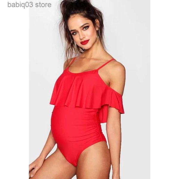 

maternity swimwears plus size maternity bathing suit shoulder swimsuit with ruffle one piece tube premama swimming wear solid pregnant lady, White
