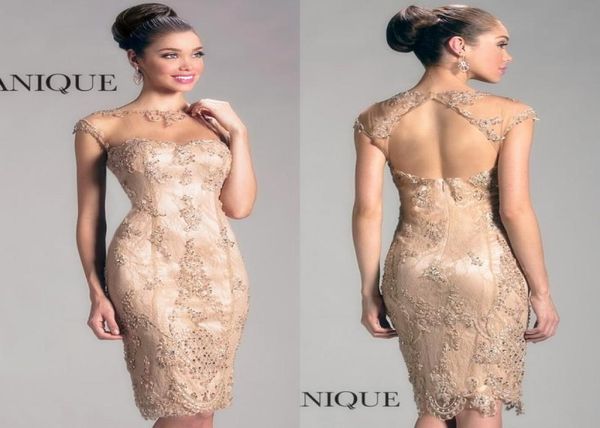 

elegant cocktail dresses for women sheath crew sheer cap sleeves lace beading hollow back knee length gold mother party dress9344381, Black