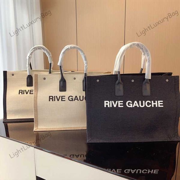 

fashion rive gauche linen leather tote bag large capacity 48cm women handbags men light canvas shopping bags weave pocket summer travel beac