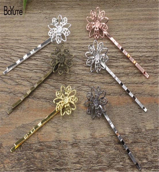 

boyute  pieces hansenne style 18mm filigree flower hairclip 6 colors plated women hairpin9571465, Golden;silver