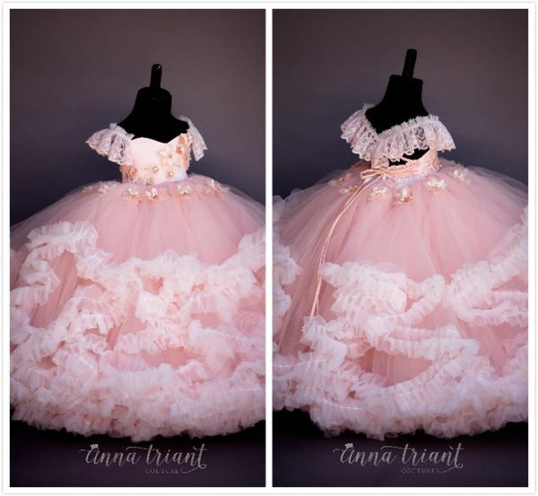 

pink lace beaded flower girl dresses ball gown hand made flowers little girl wedding dresses vintage pageant dresses gowns f2715540, White;blue
