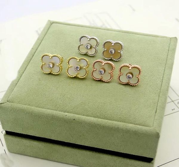 

europe america fashion lady women brass vintage single motif multicolor gemstone setting diamond four leaf flower 18k gold stud ea8879965, Golden;silver