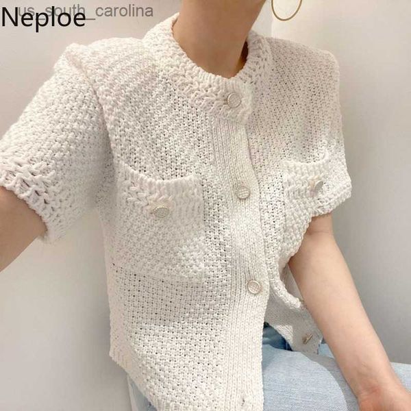 

neploe korean cardigan women clothing short sleeve single breasted sweater o neck knit black 2023 fashion white coat femme l230522