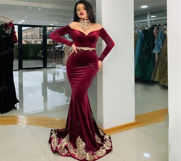 

burgundy evening dresses formal off shoulder dubai saudi arabic velvet long sleeve mermaid prom gowns 2021 robes6772482, Black;red