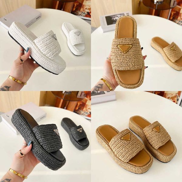 

designer slippers triangle buckle raffia straw espadrilles women thick bottom sandals slip on mules slides lady platform wedges square toe f, Black