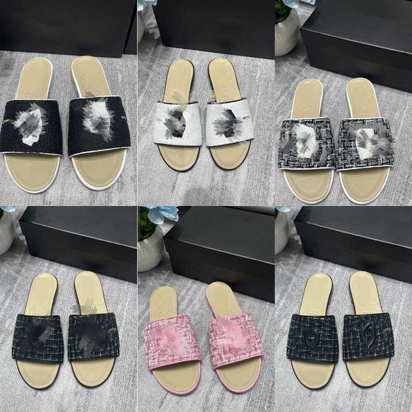 

paris designer women famous slippers slide tweed plaid embroidery c buckle shoe sandale mules espadrille flat sandal slip sandals heel desig, Black