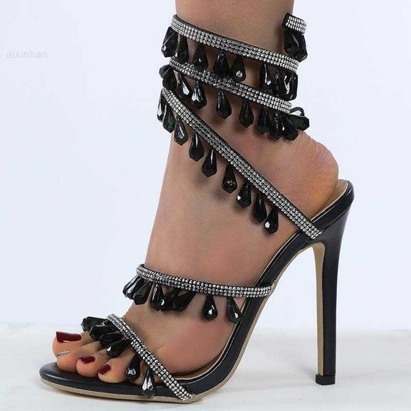 

2023 new women's shoe rhinestone tassel pendant slim high heel wrapped sandals, Black