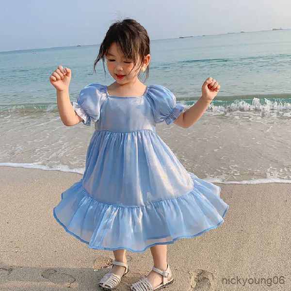 

girl's dresses summer girls dress solid color square collar yarn sleeve party princess baby kids children's clothing r230607, Red;yellow