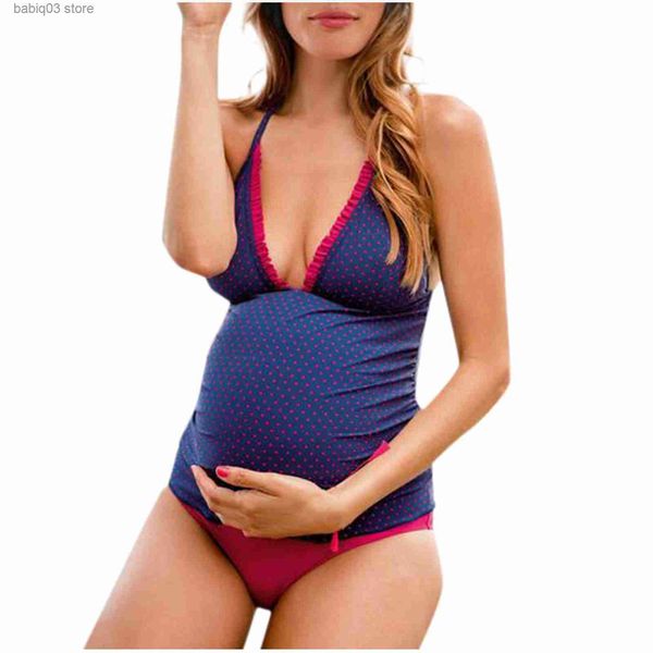 

maternity swimwears maternity swimwear women suspender dot print swimsuit pregnancy one piece swimdress summer beach 2023 t2306, White