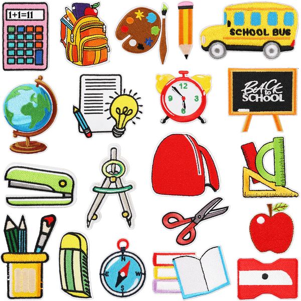 

notions back to school iron on patches colorful pencil apple schoolbag sew on repair embroidered patch diy crafts for teacher students cloth, Black