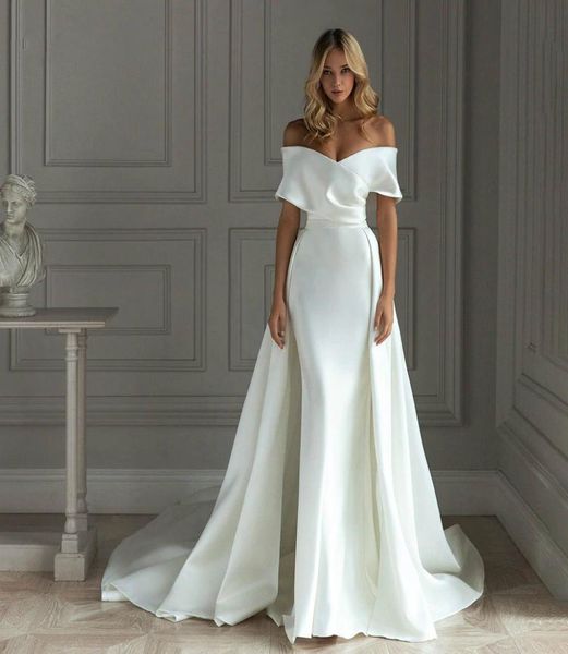 

2021 satin mermaid wedding dress with detachable train off shoulder floor length bride dresses vestido de noiva7775414, White