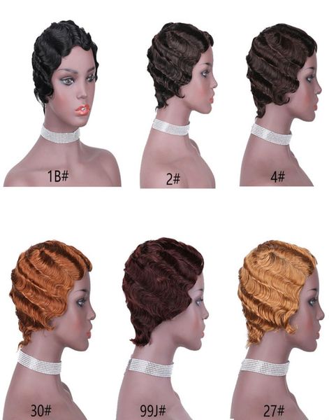 

pixie cut ocean wave short bob wig natural finger wave peruvian human hair wigs for black women machine made glueless wig burgundy5424326, Black;brown