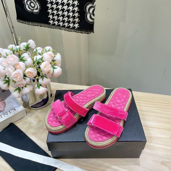 

women summer slippers luxury designer velvet slippers genuine leather flat platform espadrilles slides runway outfit female feetwear slides, Black