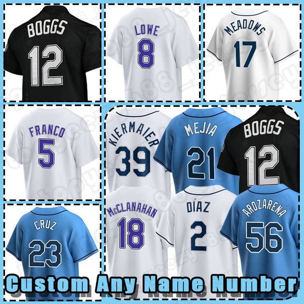 

12 wade boggs 39 kevin kiermaier baseball jersey retro 56 randy arozarena 18 shane mcclanahan 21 francisco mejia vidal brujan rays wander fr, Blue;black