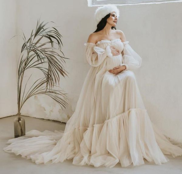 

pretty off shoulder evening dresses tulle ruffles aline maternity dress illusion puffy sleeves long robes for pregnant women p1800073, Black;red