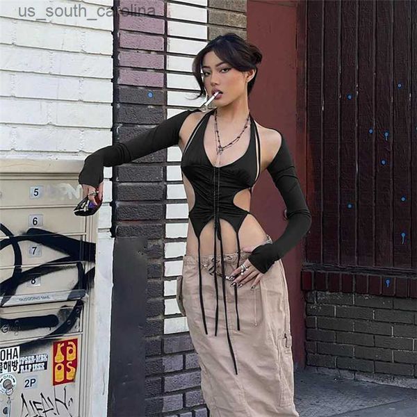 

t-shirt y2k bandage crop women v neck drawstring front long sleeve cover-up halter neck backless tie up summer suit l230522, White