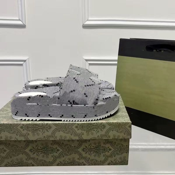 

designer slipper mid-heel rattan jumbo interlocking platform slides sandals luxury mens sandal beach womens shoes xad beige blue canvas summ, Black