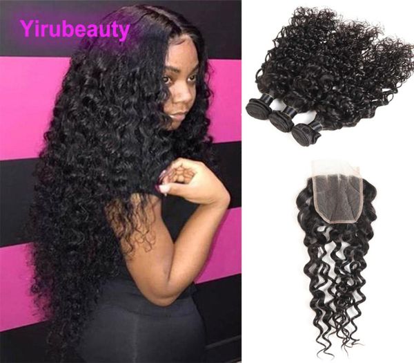 

brazilian 100 unprocessed human hair water wave 3 bundles with 4x4 lace closure water wave virgin hair extensions wefts with clos2207354, Black;brown