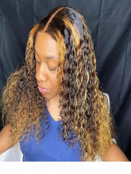 

13x6 curly wig honey blonde ombre highlight lace front human hair wigs full 360 lace frontal wig pu silk base closure 180 remy7810713, Black;brown