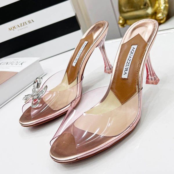 

aquazzura rhinestones pvc bowknot mules slides sandals slippersstiletto heels open toe women's luxury hyaline leather outsole evening s, Black