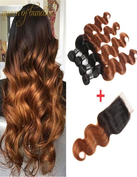 

ombre human hair two tone 1b27 brazilian hair bundles body wave 3 bundles with closure 100 human hair bundles with closure4817236, Black;brown
