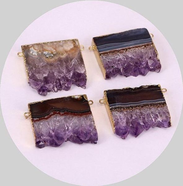 

amethyst slice double bail pendant with gold electroplated amethyst druzy quartz stone pendant connector charm amethyst jewelry p3224035, Silver