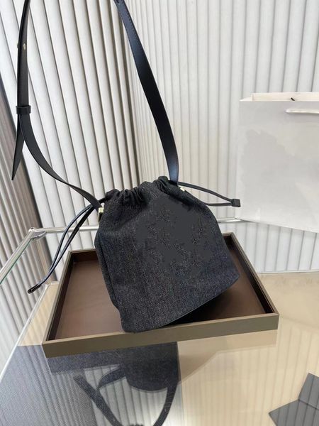 

autumn and winter new denim fabric leather bucket bag designer drawstring crossbody bag retro everything large capacity embroidery logo patt