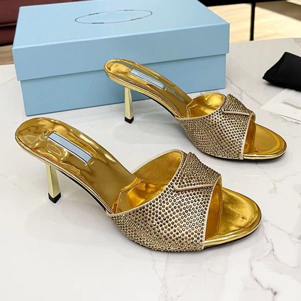 

fashionable slippers classic luxury rhinestone decorative designer shoes women .5cm high heels casual one line sandals satin leather lining, Black