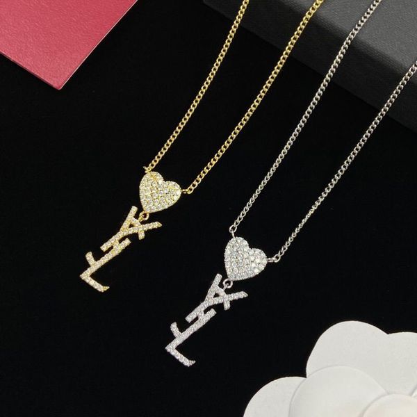 

luxury brand necklaces full diamond pendant heart stamp love necklace women designer jewelry, Silver