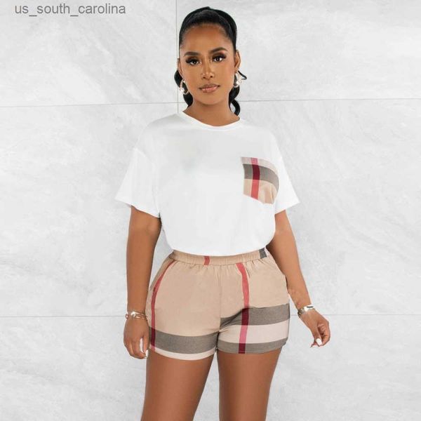 

2 pieces set summer autumn fashion women set 2023 female stripe print short sleeve shirt and elastic waist shorts suit l230522, White