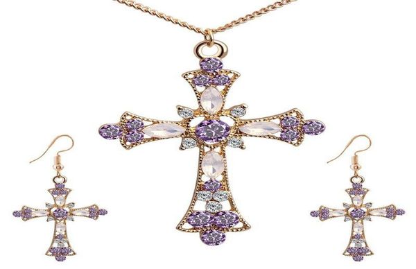 

pendant necklaces necklace earrings set gothic cross hip hop pink zircon jewelry ladies giftspendant1613034, Silver