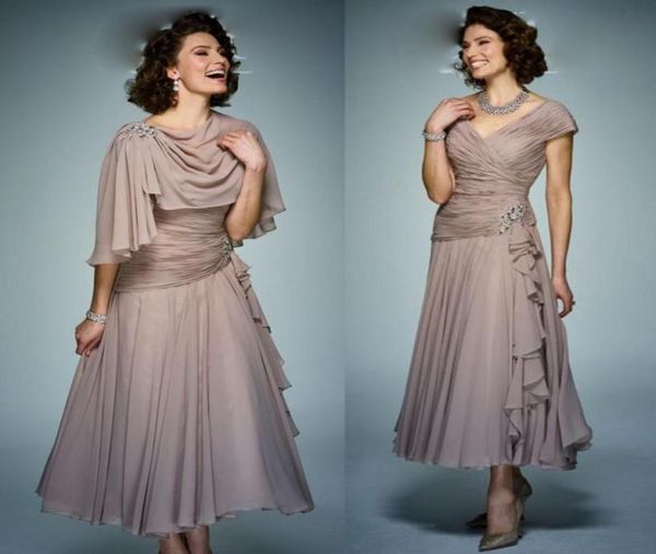 

elegant chiffon a line mother of the bride dresses v neck lace beaded evening gowns capped sleeve tea length wedding guest dress5447365, Black;red