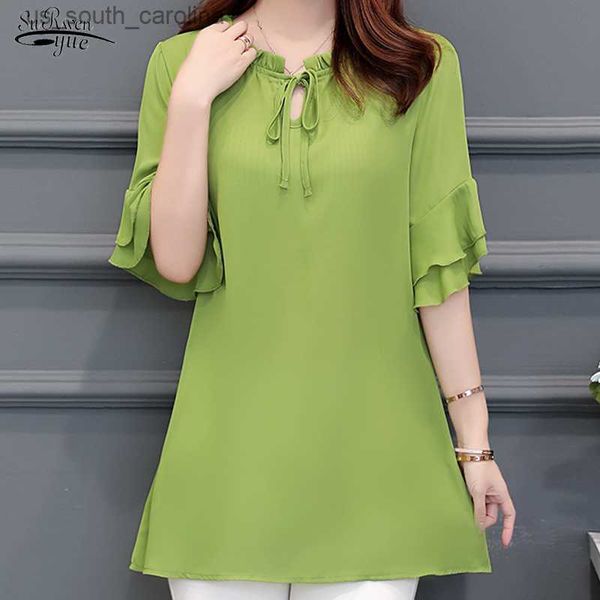 

2023 summer chiffon women blouse short sleeve casual loose l-6xl long shirts women loose female clothing yellow 19889 l230522, White