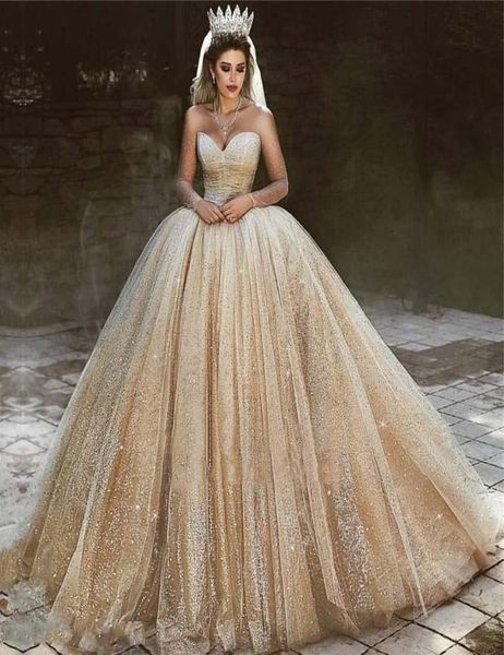 

luxury arabic gold wedding dresses 2020 sequins princess ball gown royal wedding dress sweetheart sparkly princess bridal gowns5228484, White