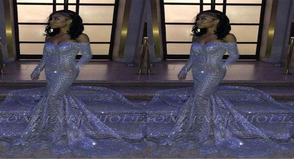 

black girl silver sequins offtheshoulder mermaid prom dresses long sleeves sweep train reflective evening gowns bc3306 03287441152