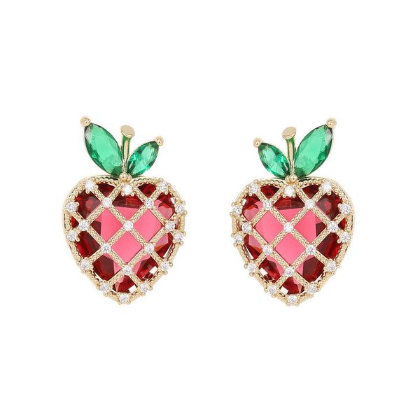 

luxury designer cute strawberry stud earrings for women french style sweet cz bling diamond gold plated fruit shape stud ear rings female ea, Golden;silver