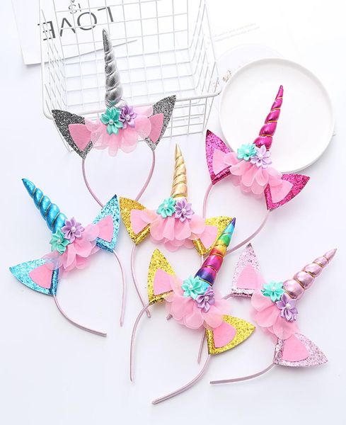 

baby girls animal horn unicorn hair sticks hair accessories princess lace tulle flower pearl decor headband kids party headdress e7133153, Slivery;white